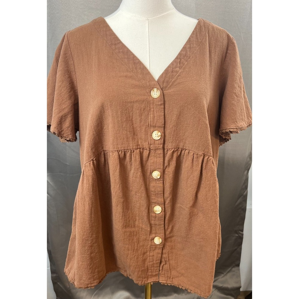 Lagenlook Brown Khaki Button Front Embroidered Trim Babydoll Top Size 1XL